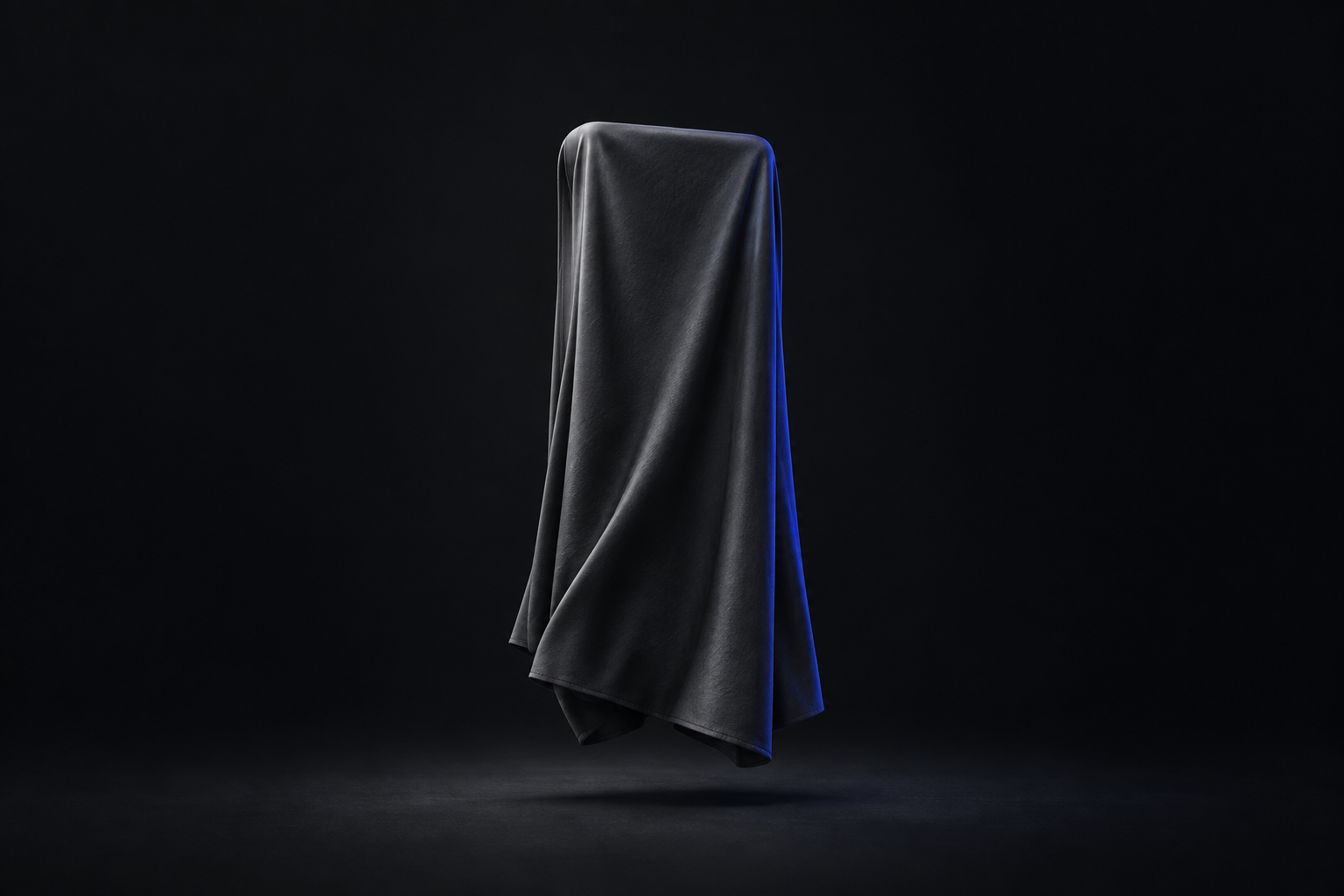 A thin smartphone-sized rectangular form floats under a graphite veil with restrained Persian blue lighting